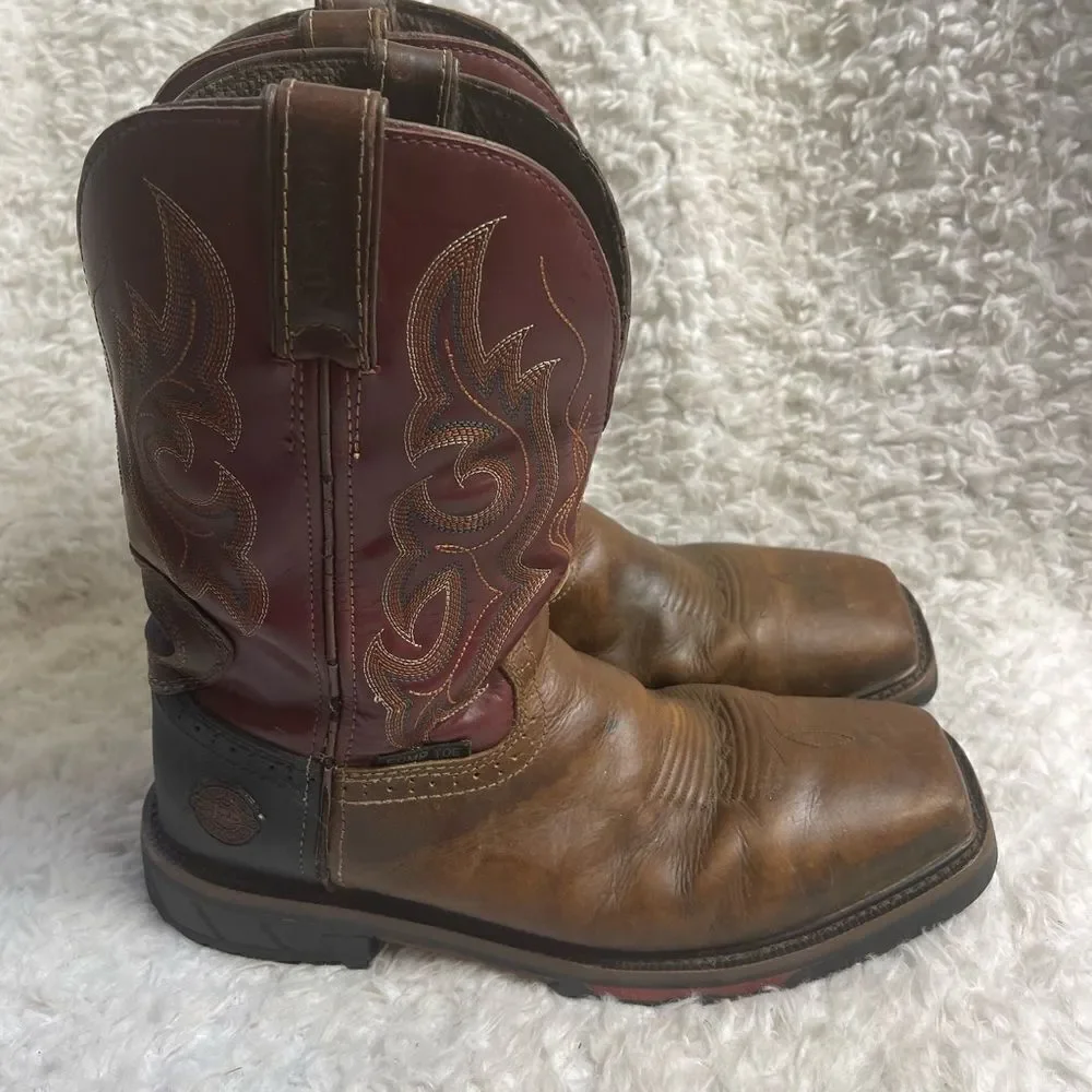 JUSTIN  leather Brown burgundy,& Black Cowboy Boots, Steel square ToeSZ9.5